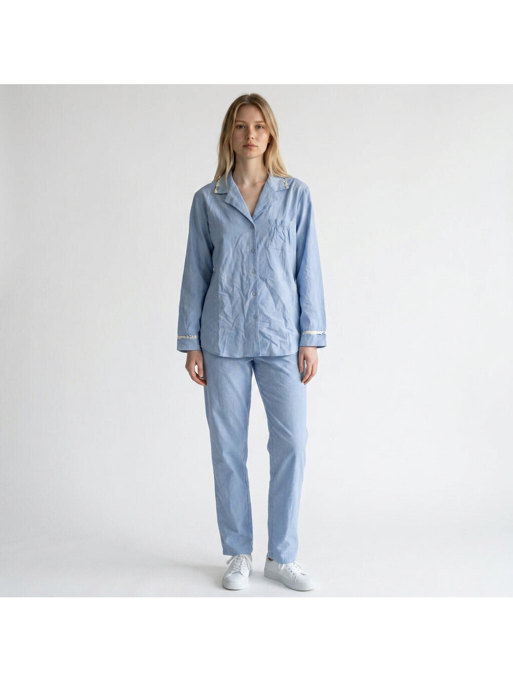 New Cherokee Sleepshirt Women M Medium Blue Button Up Collared Long Sleeve